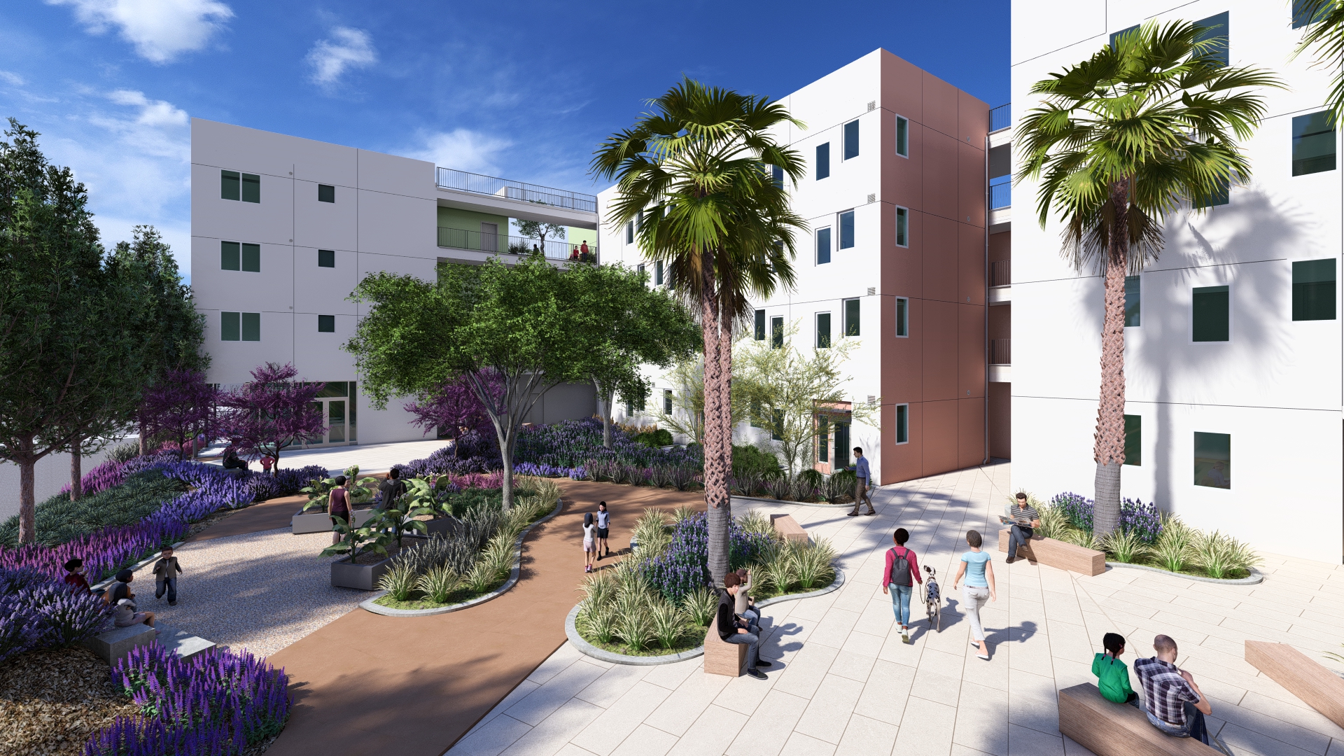 A modern courtyard with people sitting and walking around.